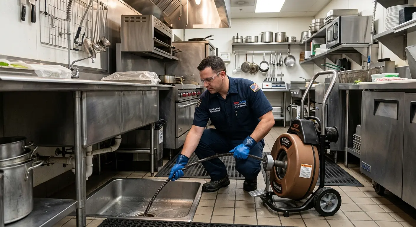 Commercial drain cleaning service in a restaurant kitchen in La Quinta