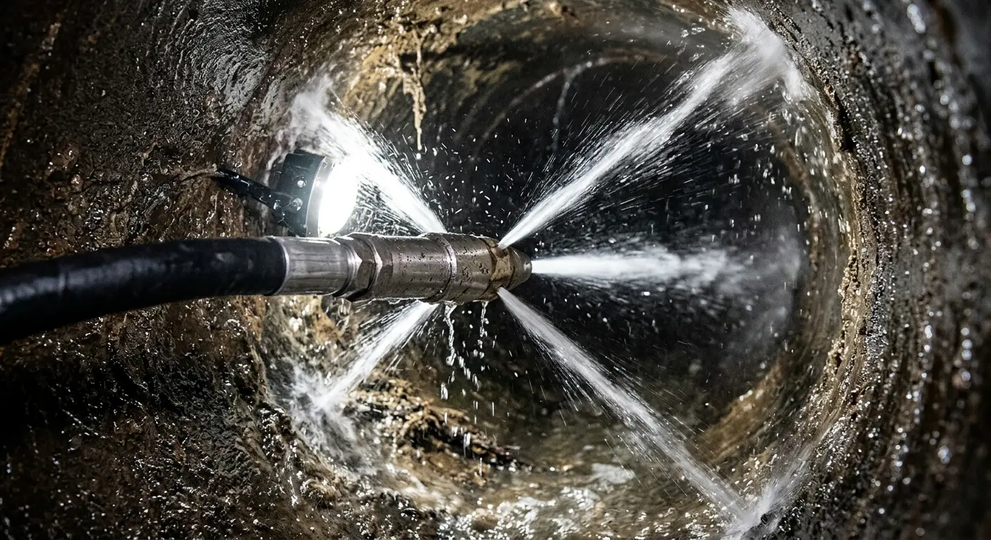 High-pressure hydro jetting nozzle cleaning sewer pipe for Storm Drain Cleaning in La Quinta