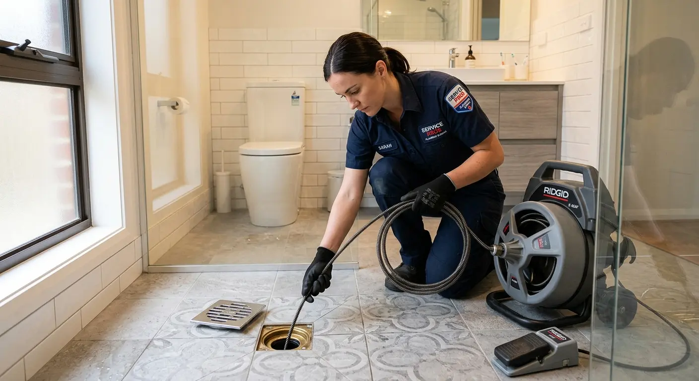 Technician clearing a bathroom floor drain for Drain Repair in La Quinta